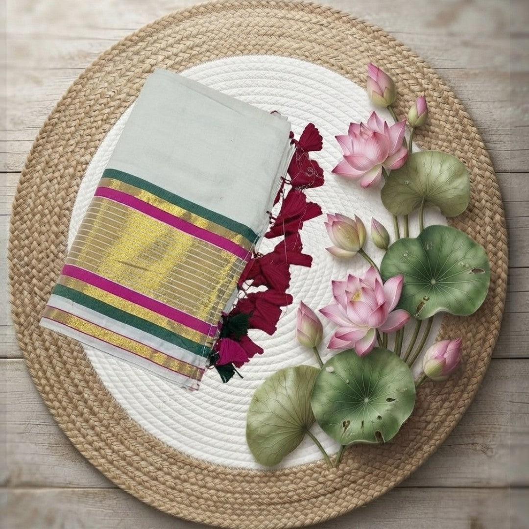 Onam special mulcotton saree (Delivery in 18 -23days )