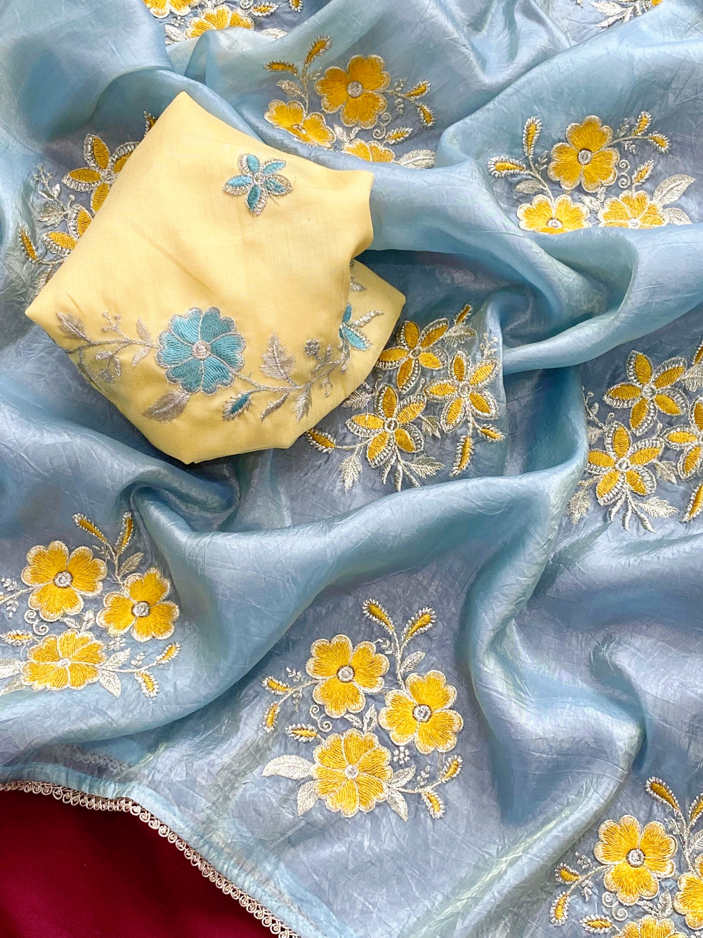 Paper silk crush saree with embroidered Blouse material (Delivery in 20-25 working days)