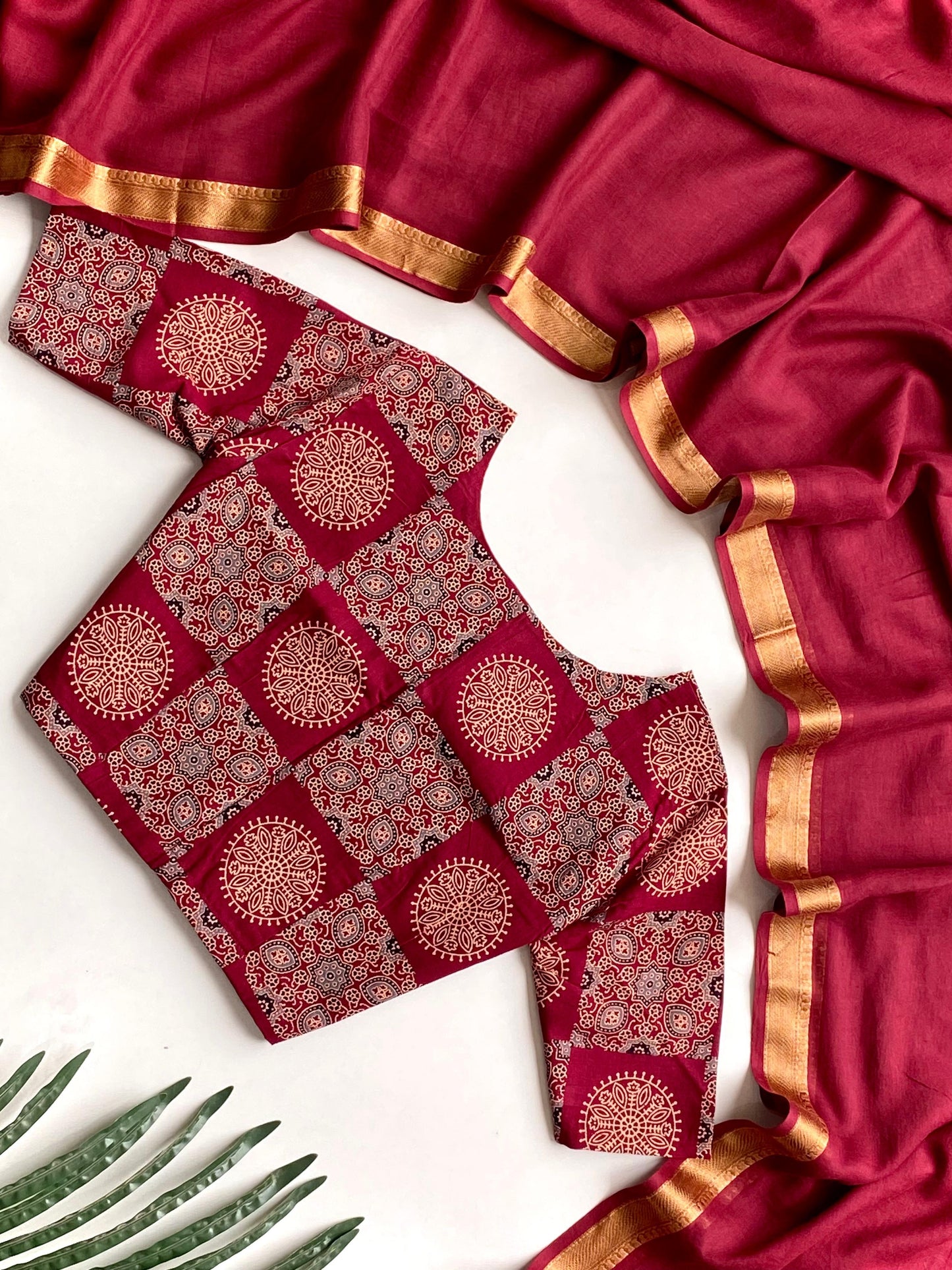 Mulcotton saree with Stitched Ajrakh printed blouse (Delivery in 20-25workig days)