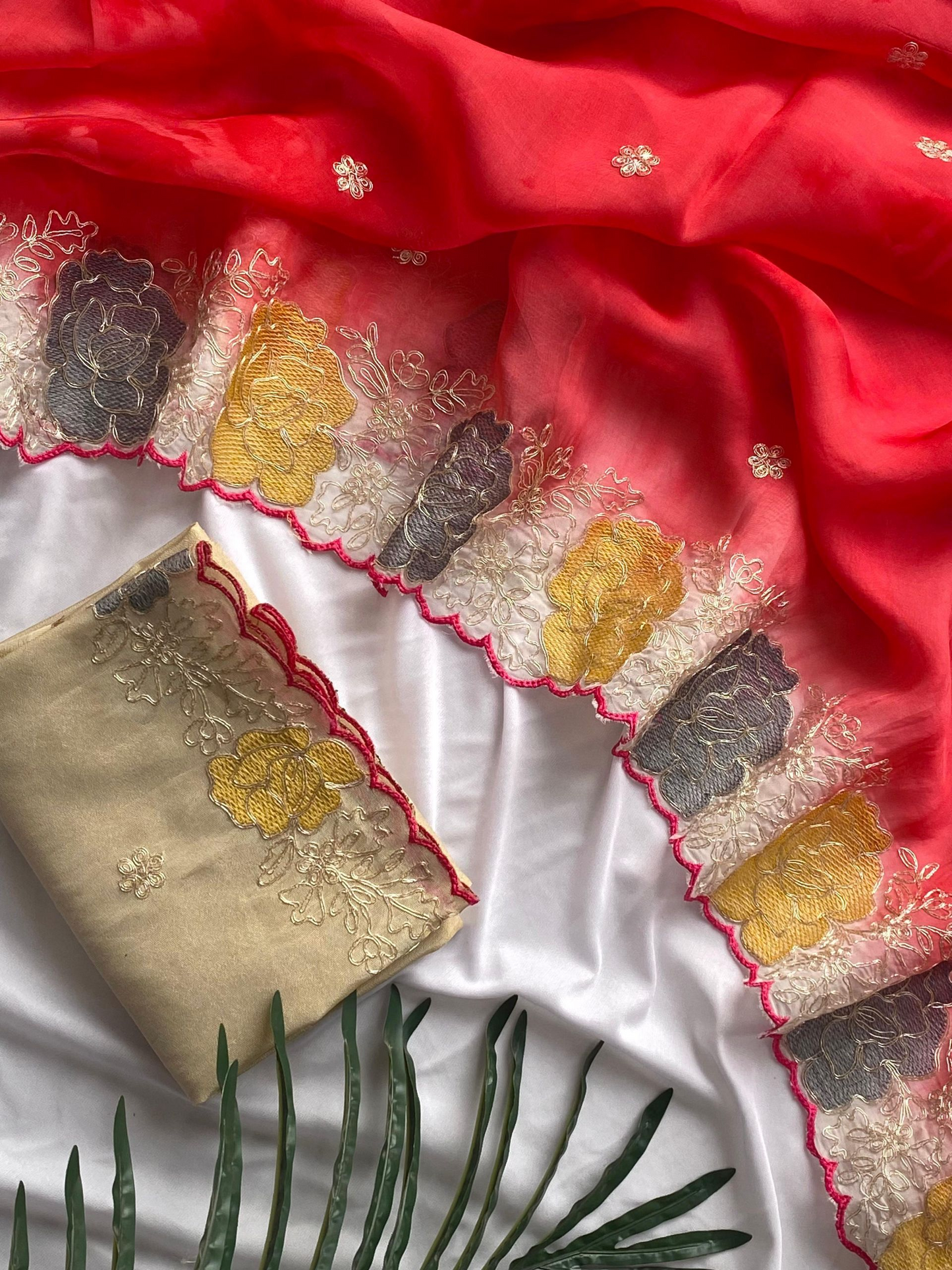 Organza silk saree with embroidered blouse material (Delivery in 20-25 working Days))