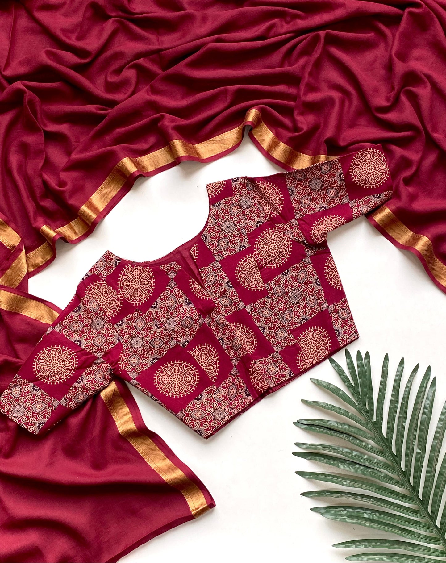Mulcotton saree with Stitched Ajrakh printed blouse (Delivery in 20-25workig days)