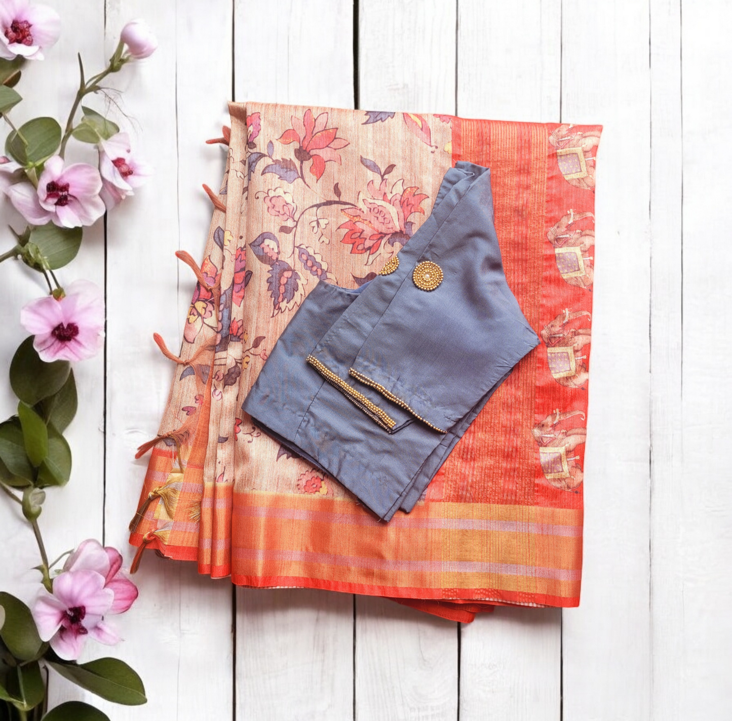 Semisilk saree with stitched handwork blouse