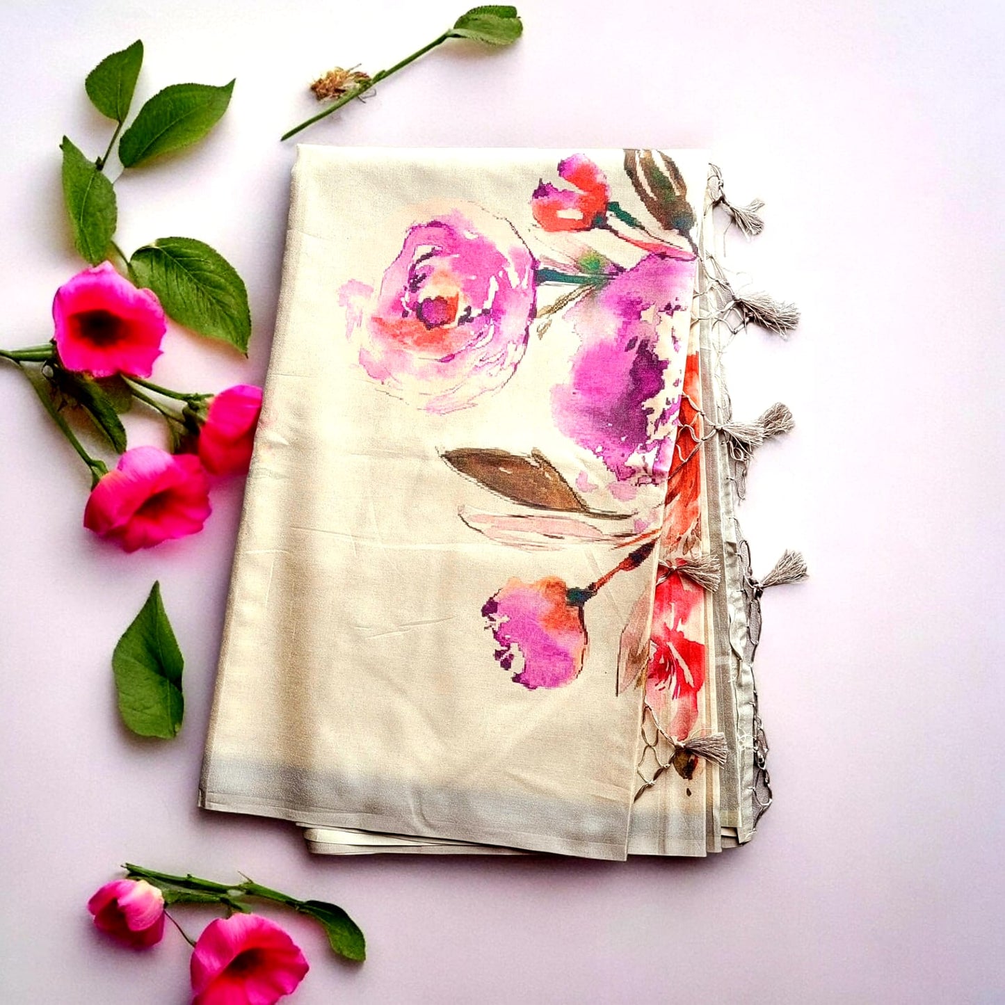 Women's Semi Linen Floral Print Saree with unstitched Blouse piece