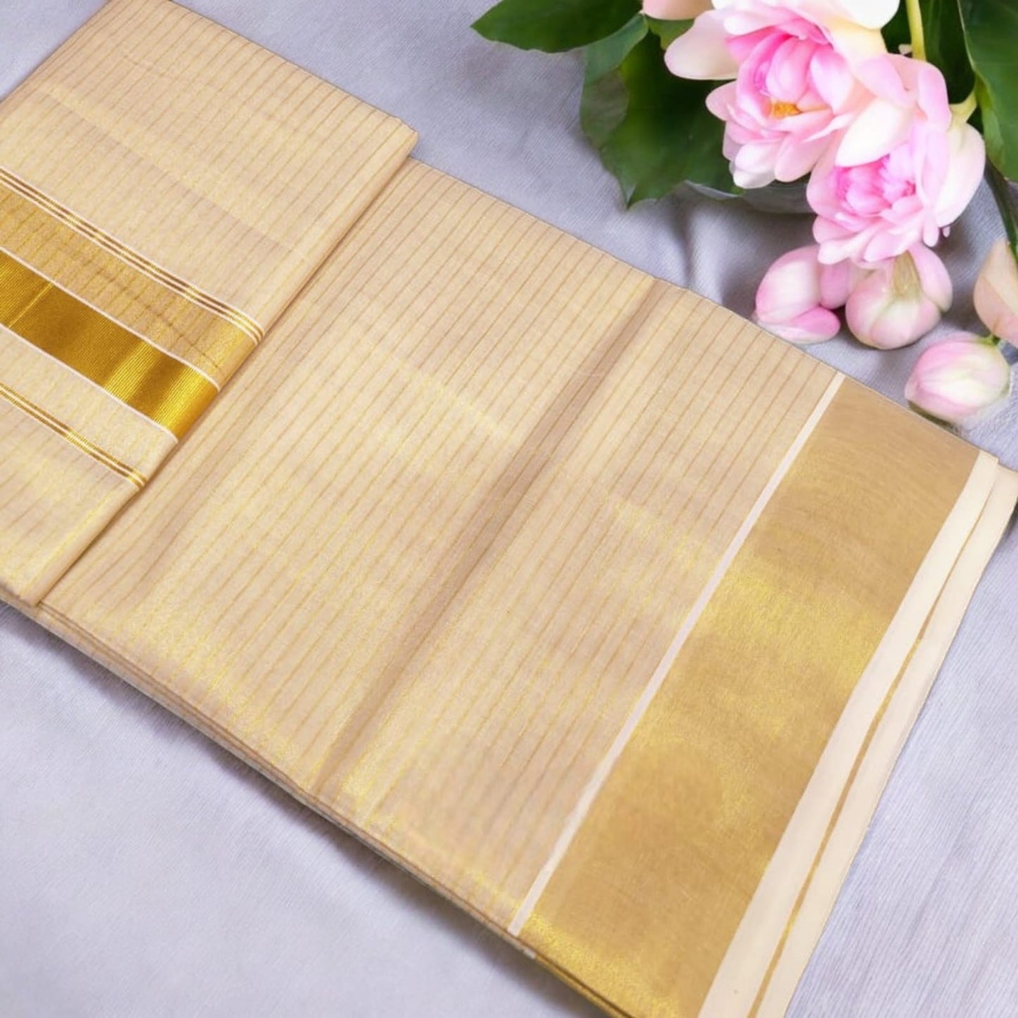 Pre Order: Tissue Silk Kerala Saree with Running Blouse Material,Delivery in 15 -20 Working days