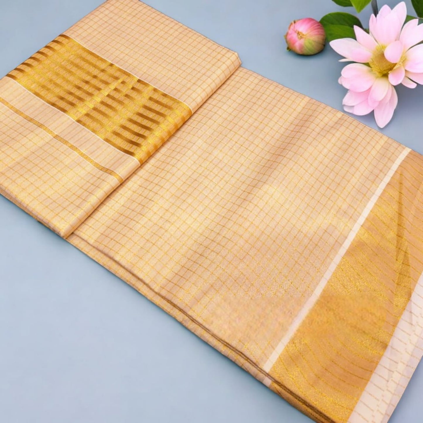 Pre Order: Tissue Silk Kerala Saree with Running Blouse Material Delivery in 15-20 working days