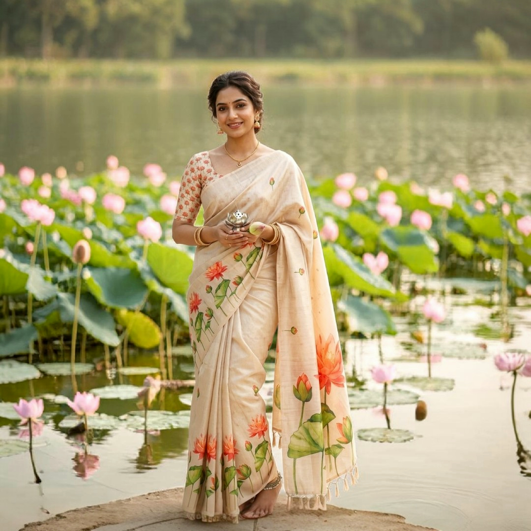 Beautiful Lotus print  saree with stitched blouse
