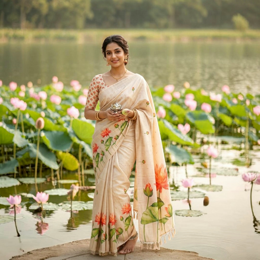 Beautiful Lotus print  saree with stitched blouse