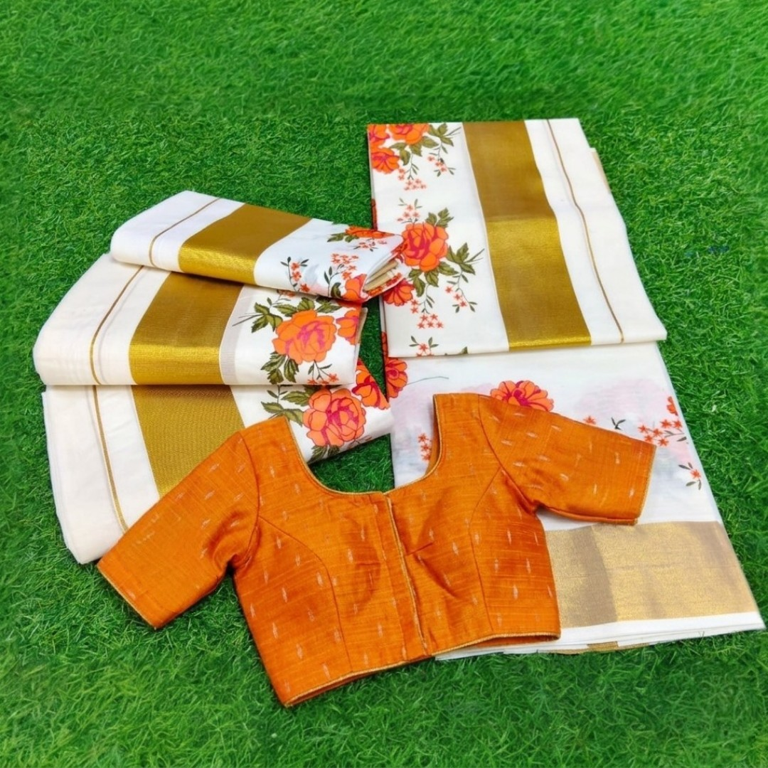 Tissue silk set mundu with Stitched blouse (Delivery in 25 -30 days )