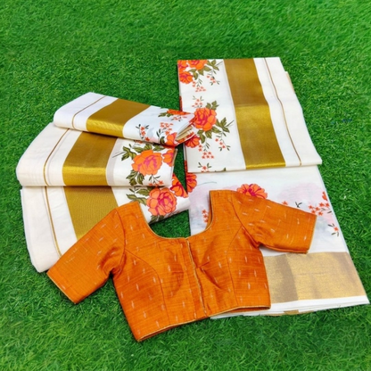 Tissue silk set mundu with Stitched blouse (Delivery in 25 -30 days )