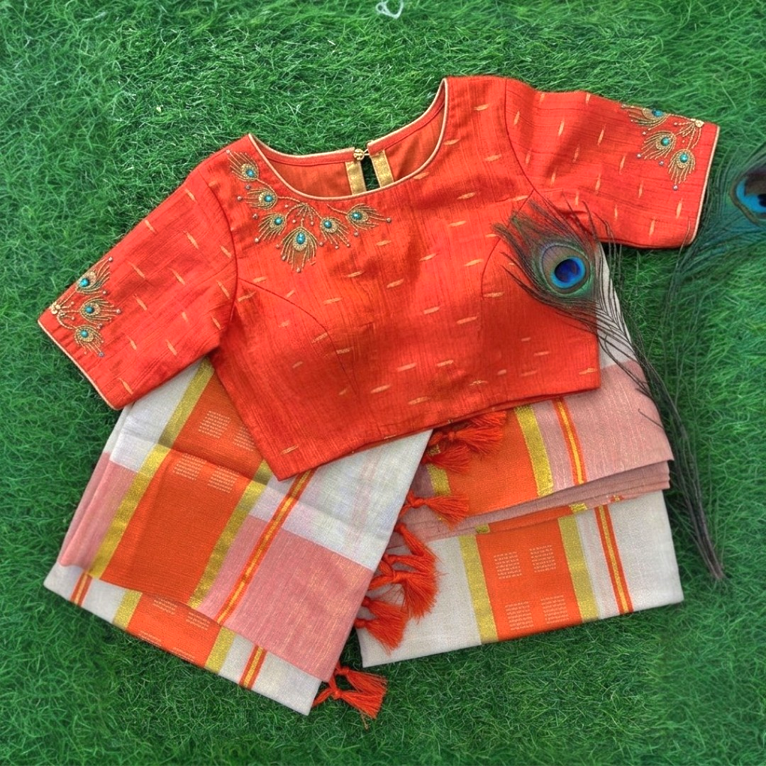 Tissue silk set mundu with Stitched blouse ( Delivery in 25-30 days )