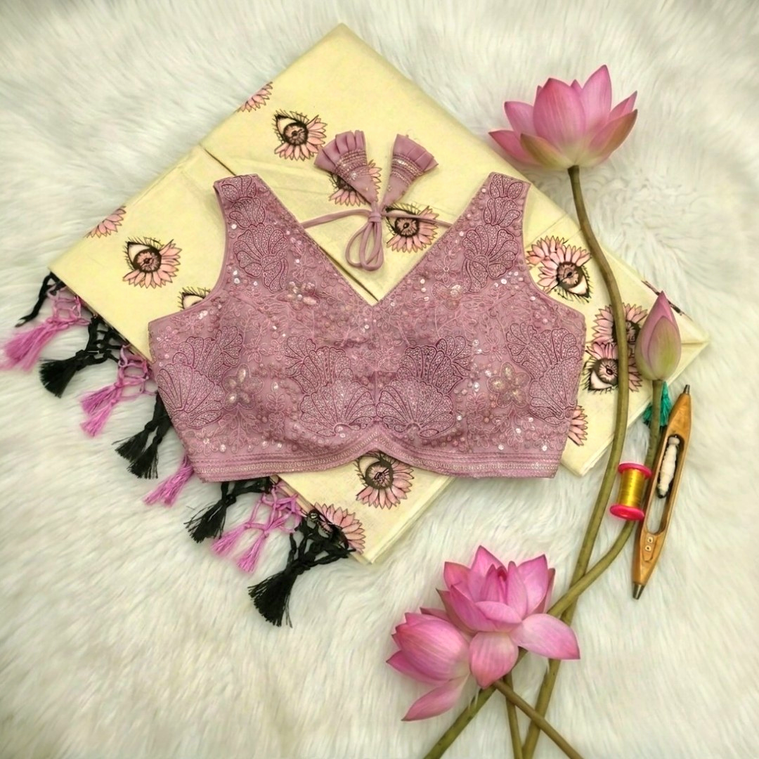 Floral print set mundu with Stitched blouse (Delivery in 25-30 working days)