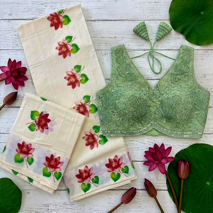 Floral print set mundu with Stitched blouse(Delivery in 25-30 working days)