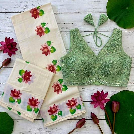 Floral print set mundu with Stitched blouse(Delivery in 25-30 working days)