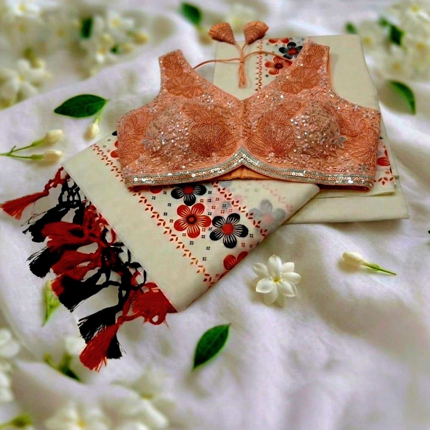 Floral print set mundu with Stitched blouse (Delivery in 25-30 working days)