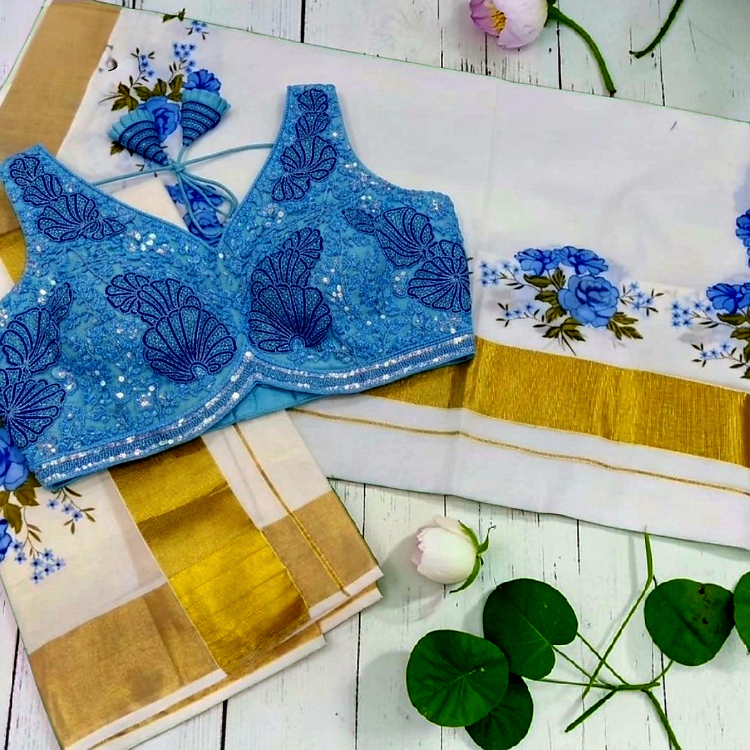 Beautiful set mundu with Stitched blouse (Delivery in 25-30 days )