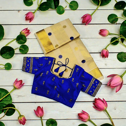 Traditional Kerala set saree with stitched blouse (Delivery in 20-25 working Days)