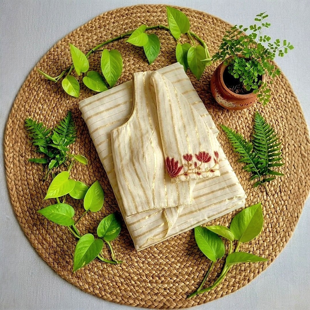 Traditional Kerala set saree with Lotus design handwork blouse (Delivery in 25-30 working days)