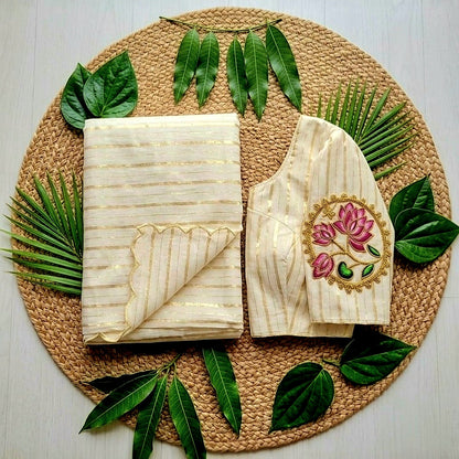 kerala Traditional saree with lotus design handwork blouse (Delivery in 25-30 working days)