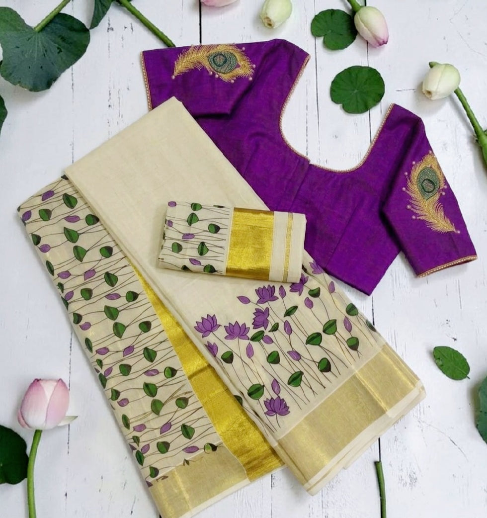 Tissue silk Setmundu with Stitched blouse (Delivery in 20-25 working Days)