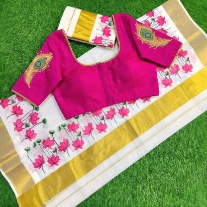 Beautiful set mundu with Stitched blouse (Delivery in 20-25 working Days)