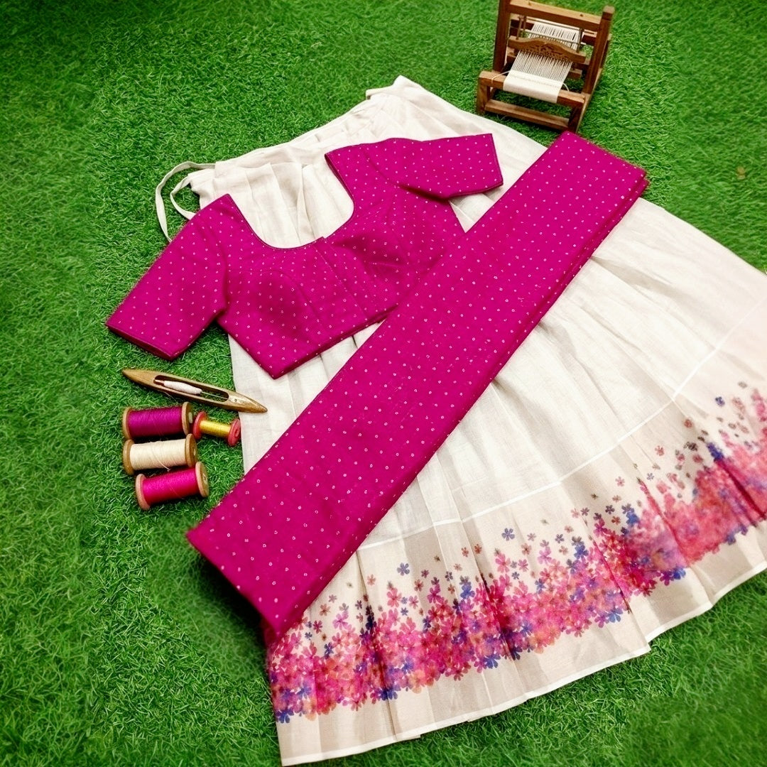 Beautiful Floral print Traditional Dhavani full stitched set (Delivery in 25-30 working days)