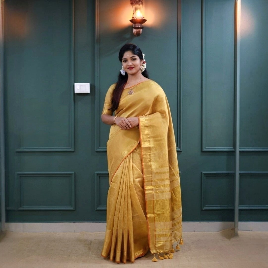 Most demanding onam special Tissue silk saree with stitched blouse (Delivery in 20-25 working Days)