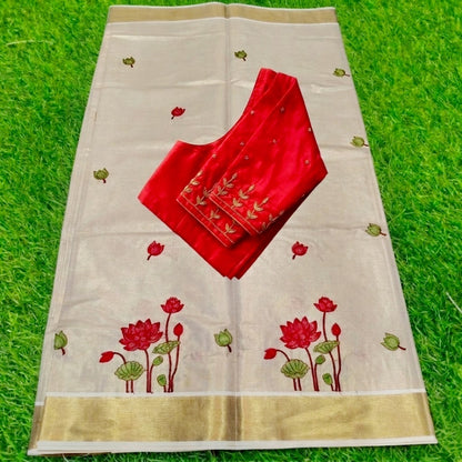 Tissue silk Saree with stitched handwork blouse (Delivery in 23 to 27 days )