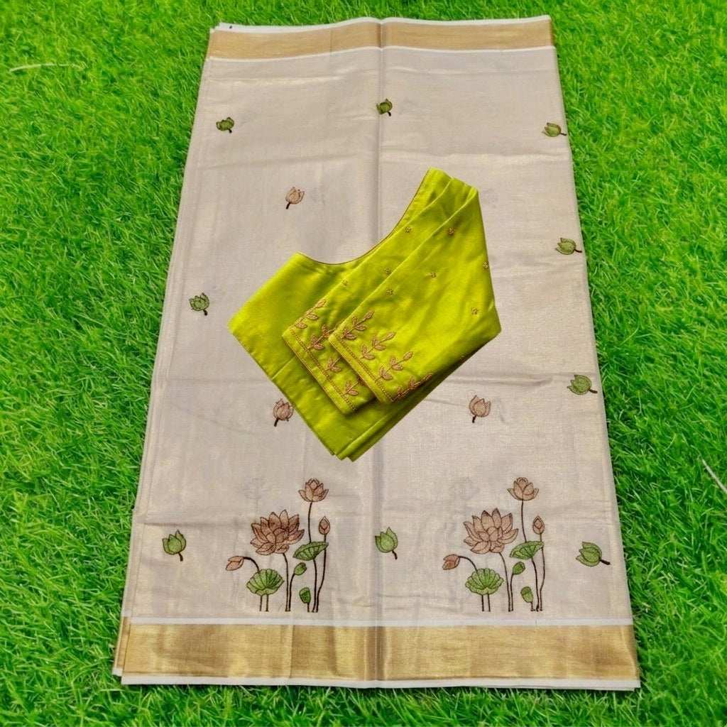 Tissue silk saree with stitched handwork blouse (Delivery in 23 -25 days )