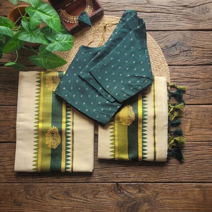 Tissue silk set mundu with Stitched blouse ( Delivery in 5-8 days )