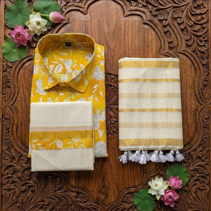 Pre Order: Men's Cotton Printed -shirt and Dhoti with matching mulcotton saree