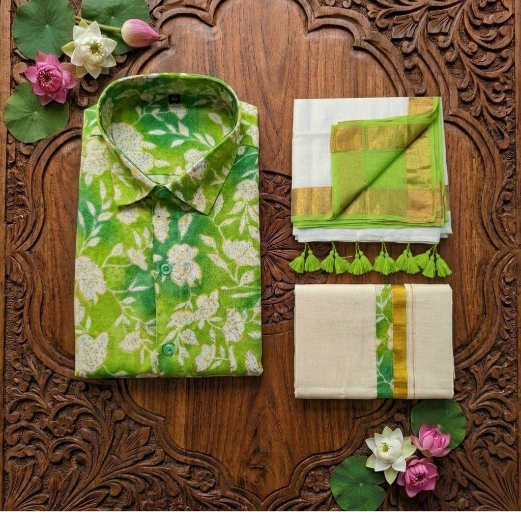 Pre Order: Men's Cotton Printed - shirt and Dhoti and matching mulcotton saree