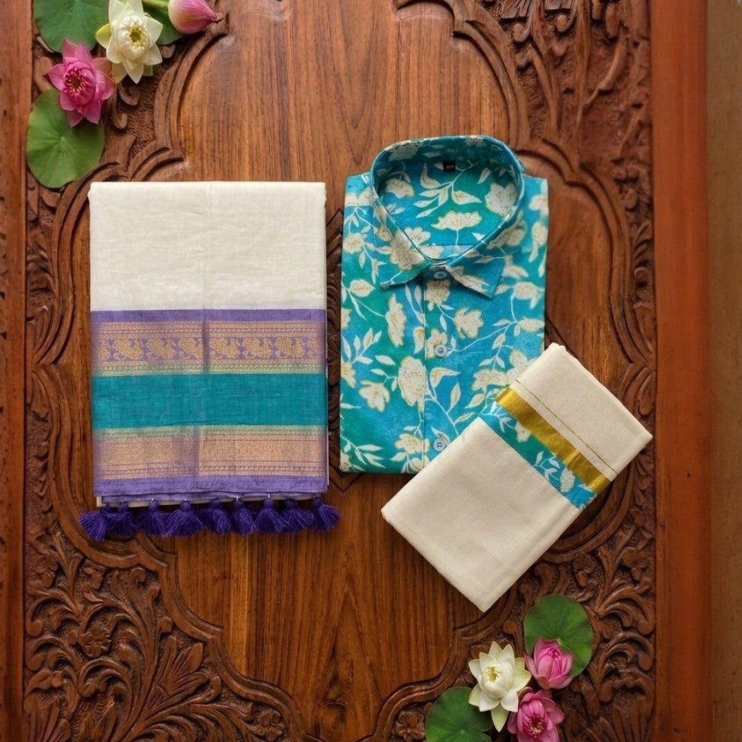 Pre Order: Men's Cotton Printed shirt  and Dhoti with matching mulcotton saree i