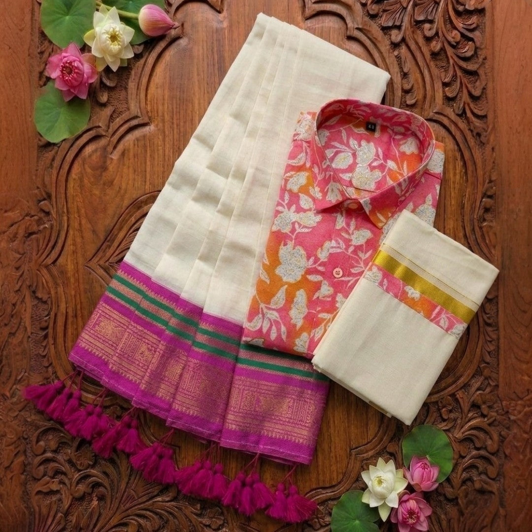 Pre Order: Men's Cotton Printed shirt and Dhoti with matching mulcotton saree