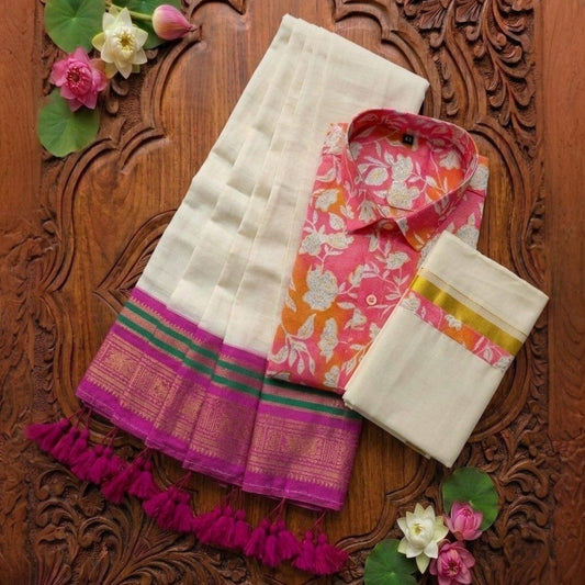 Pre Order: Men's Cotton Printed shirt and Dhoti with matching mulcotton saree
