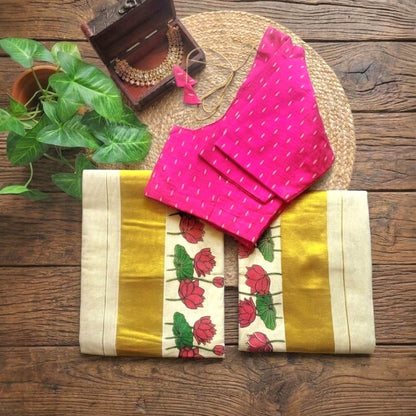Tissue silk Setmundu with Stitched blouse (Delivery in3-6working Days)