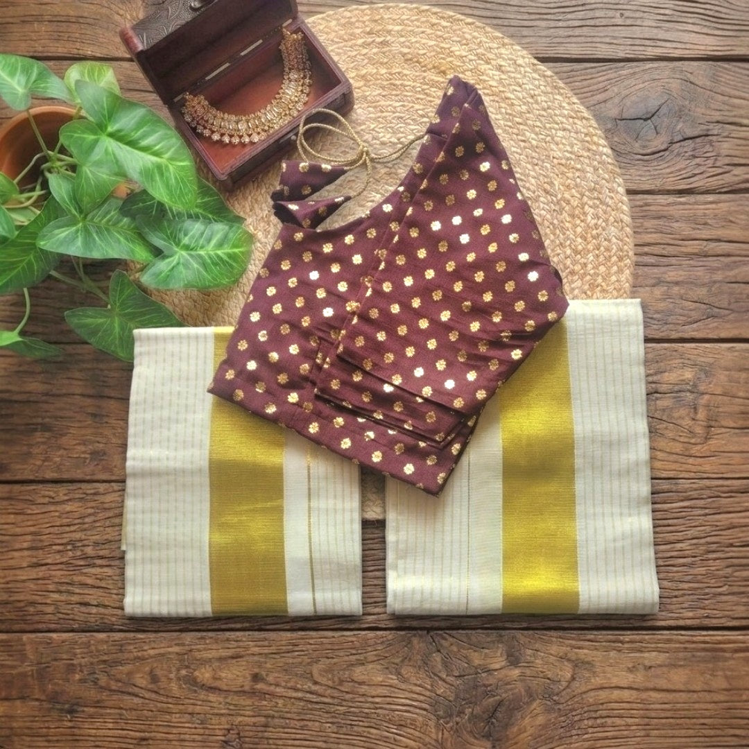 Beautiful set mundu with Stitched blouse (Delivery in 3-5 days )