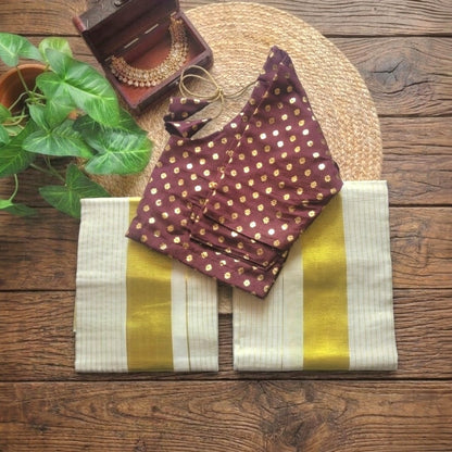 Beautiful set mundu with Stitched blouse (Delivery in 3-5 days )