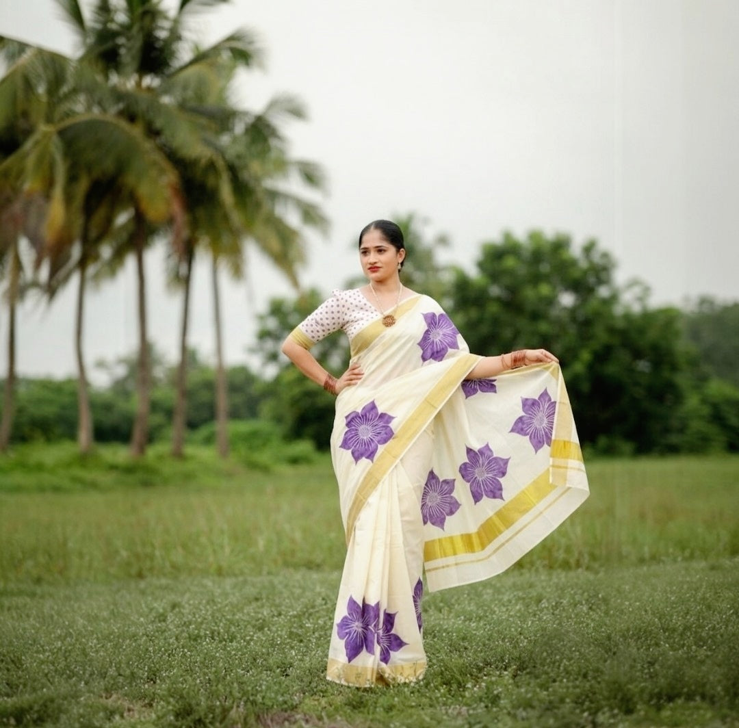 Kerala Cotton Saree with Stitched  Blouse(Delivery in 18-23 days )