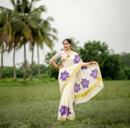 Kerala Cotton Saree with Stitched  Blouse(Delivery in 18-23 days )