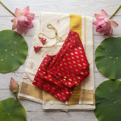 Kerala Saree with Stitched Blouse(Delivery in 3 -5 days )