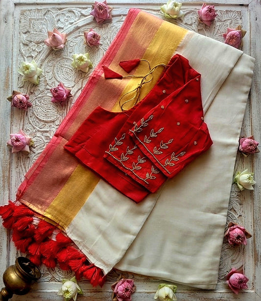 Mulcotton saree with Stitched blouse (Delivery in 3-5days )