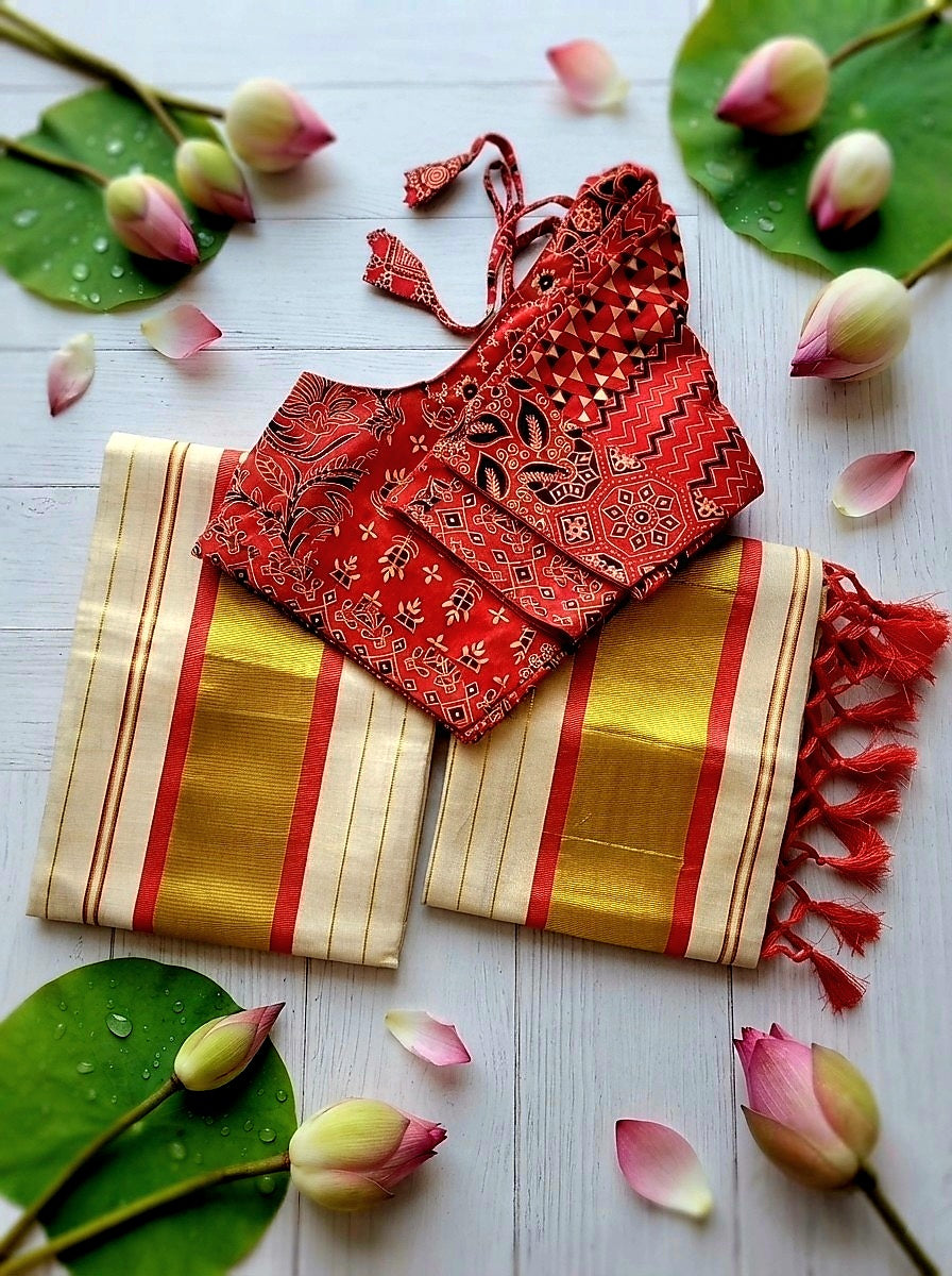 Set mundu with Stitched blouse (Delivery in 2-4 days )