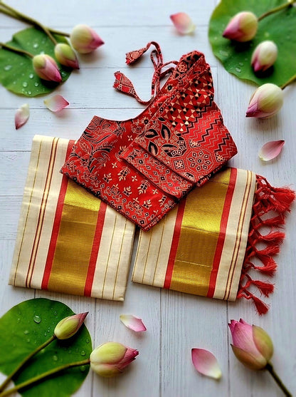 Set mundu with Stitched blouse (Delivery in 2-4 days )