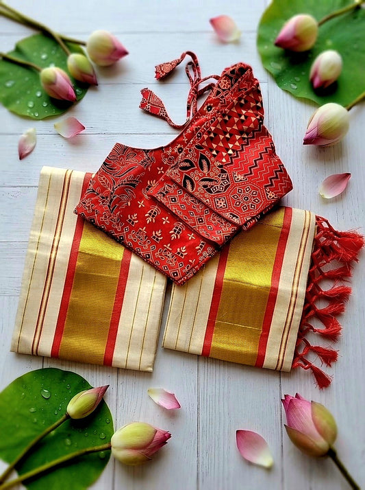 Set mundu with Stitched blouse (Delivery in 2-4 days )