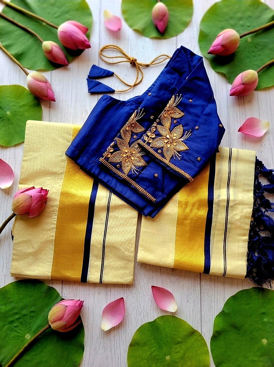 Set Mundu with Stitched Blouse (Delivery in 3 -5 days )