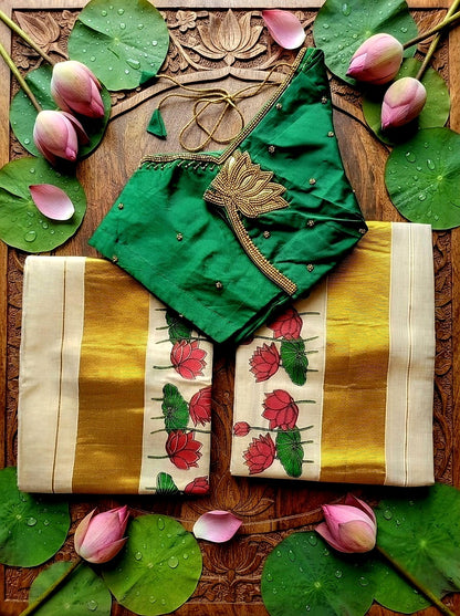 Set mundu with Stitched blouse(Delivery in 3 -5 days )