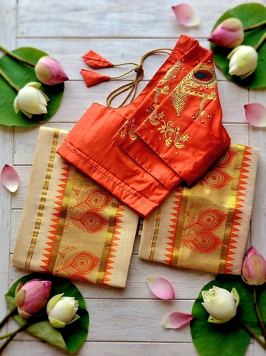 Tissue Silk Set Mundu with Stitched Blouse (Delivery in 25 -30 days )