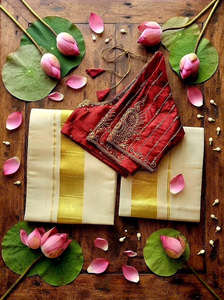 Set mundu with Stitched blouse (Delivery in 3-5days)