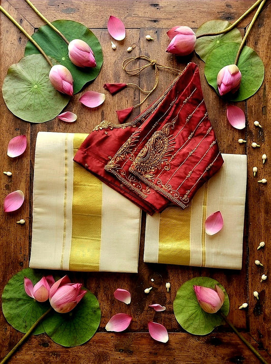 Set mundu with Stitched blouse (Delivery in 3-5days)