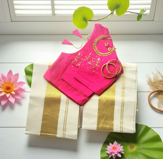 Set mundu with Stitched blouse (Delivery in 2 -4 days )